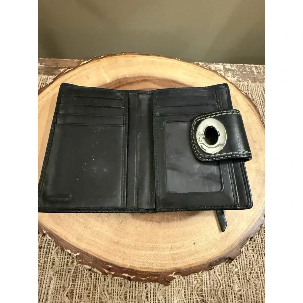 Vintage Coach Black Leather Bifold Wallet Hampton Turnlock Contrast White Stitch